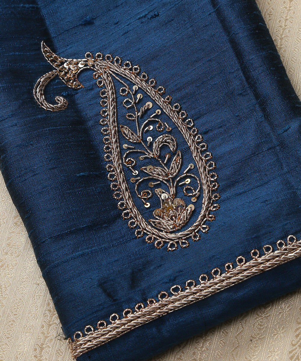Teal_Raw_Silk_Hand_Embroidered_Blouse_With_Paisleys_on_the_Sleeves_WeaverStory_04