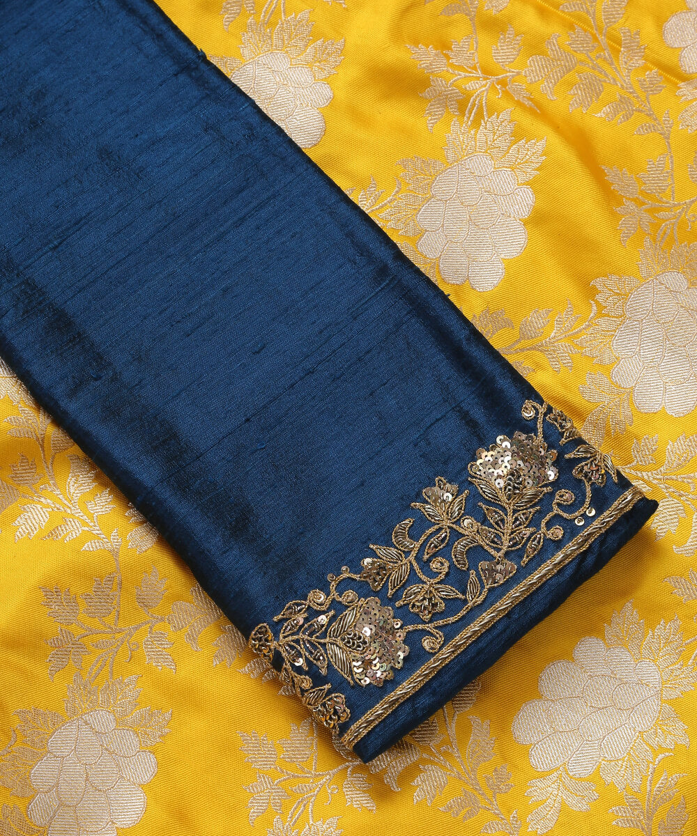 Teal_Raw_Silk_Teen_Patti_Hand_Embroidered_Blouse_Fabric_with_Zardozi_and_Dori_WeaverStory_03