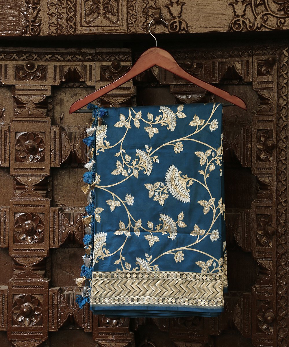 Teal_Blue_Handloom_Cutwork_Banarasi_Dupatta_with_Jangla_Design_WeaverStory_01