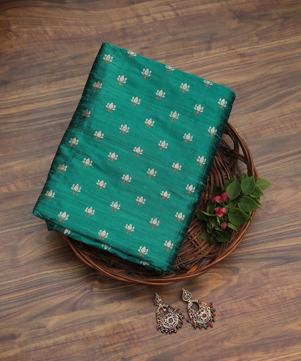 Teal_Green_Handloom_Tusser_Silk_Banarasi_Fabric_with_lotus_Zari_Booti_WeaverStory_01