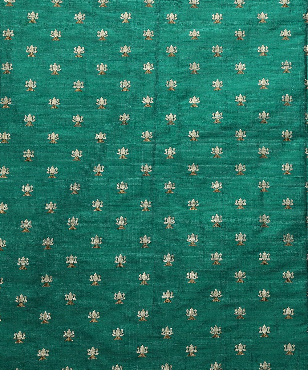 Teal_Green_Handloom_Tusser_Silk_Banarasi_Fabric_with_lotus_Zari_Booti_WeaverStory_02
