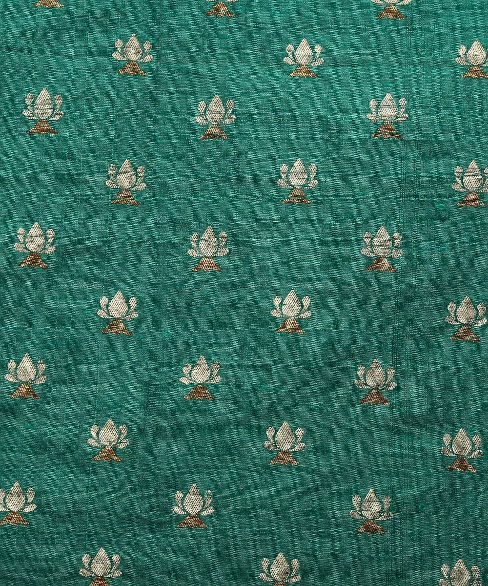 Teal_Green_Handloom_Tusser_Silk_Banarasi_Fabric_with_lotus_Zari_Booti_WeaverStory_03