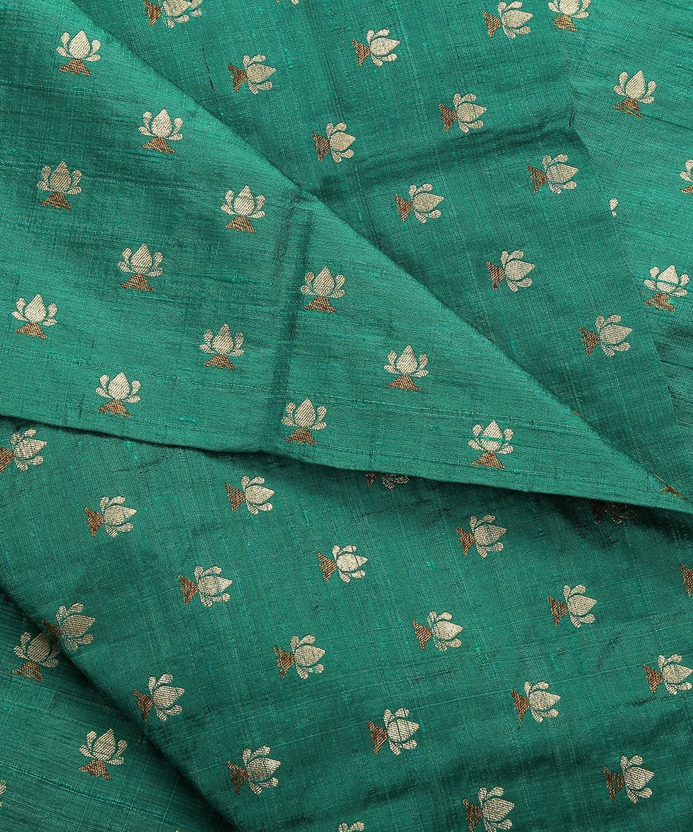 Teal_Green_Handloom_Tusser_Silk_Banarasi_Fabric_with_lotus_Zari_Booti_WeaverStory_04