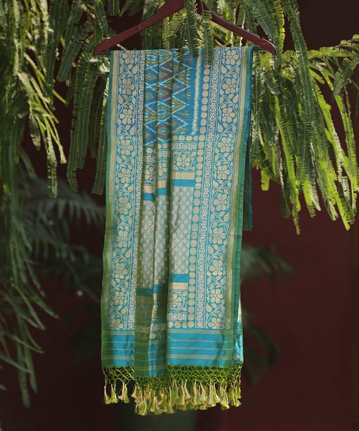 Aqua Blue Handloom Pure Silk Ashawali Patola Dupatta with Floral Border