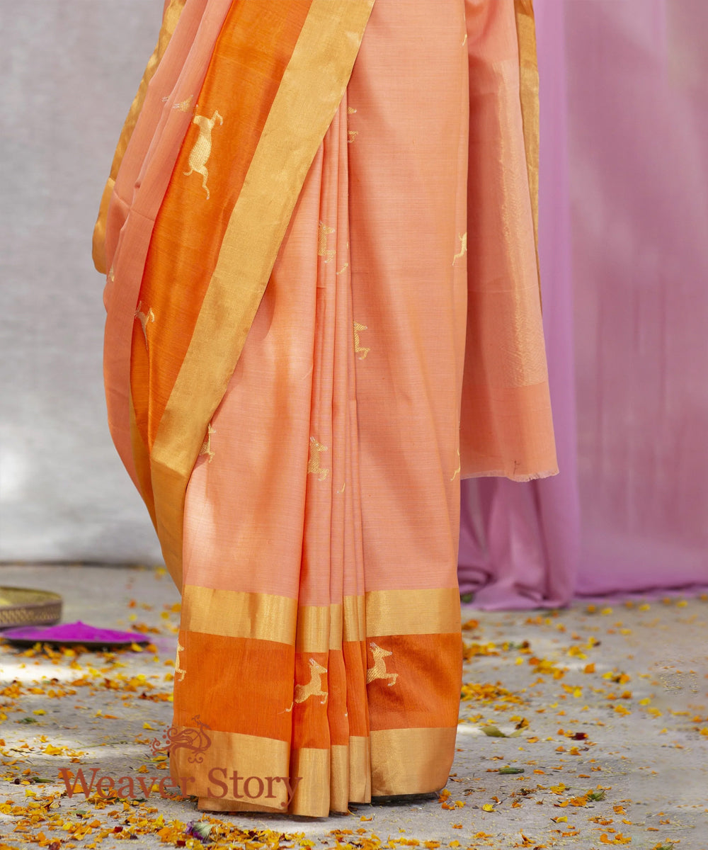 Handwoven Peach Mercerised Cotton Saree With Orange Border