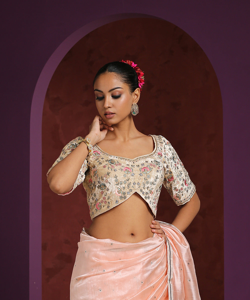 Hand_Embroidered_Beige_Velvet_Blouse_With_Resham_And_Zari_WeaverStory_01
