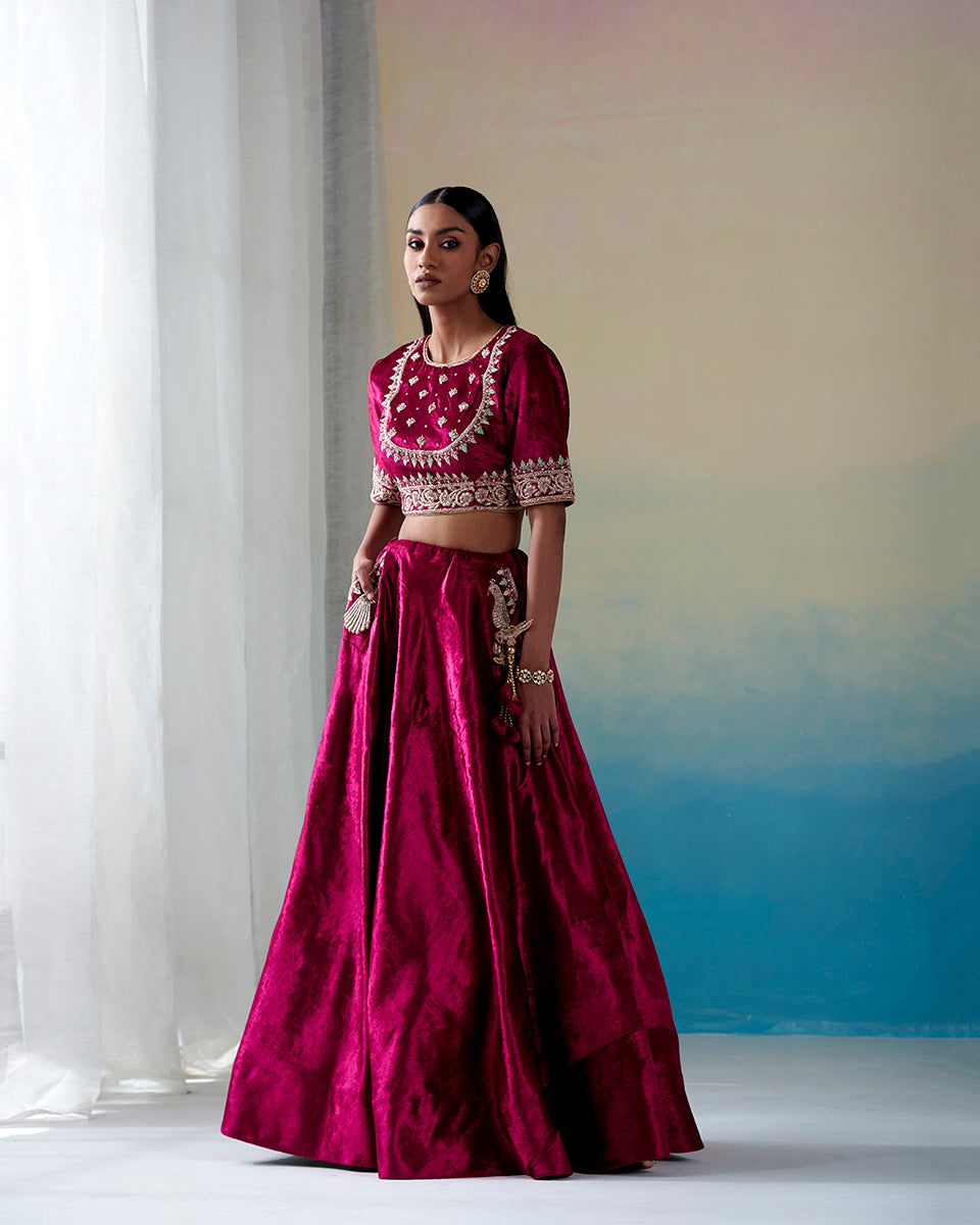 Fuchsia_Pure_Velvet_Hand_Embroidered_Zardozi_Lehenga_with_Velvet_Blouse_and_Handwoven_Organza_Dupatta_WeaverStory_02
