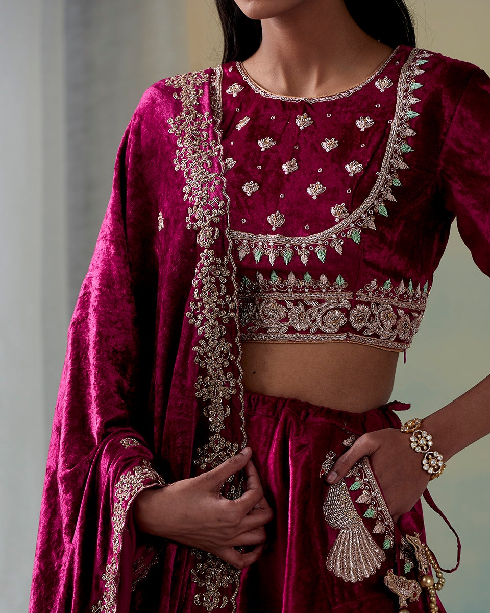 Fuchsia_Pure_Velvet_Hand_Embroidered_Zardozi_Lehenga_with_Velvet_Blouse_and_Handwoven_Organza_Dupatta_WeaverStory_04