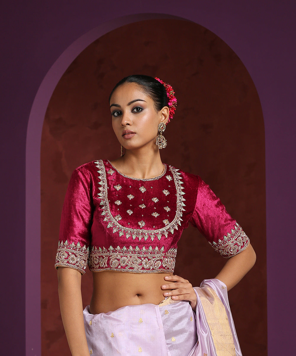 Fuchsia_Pure_Velvet_Hand_Embroidered_Zardozi_Blouse_WeaverStory_01
