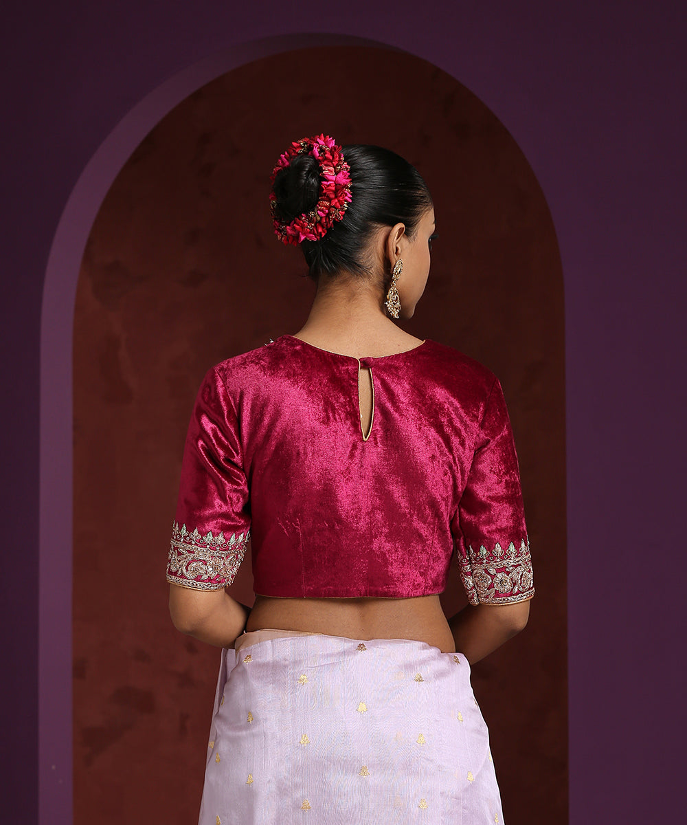 Fuchsia_Pure_Velvet_Hand_Embroidered_Zardozi_Blouse_WeaverStory_03
