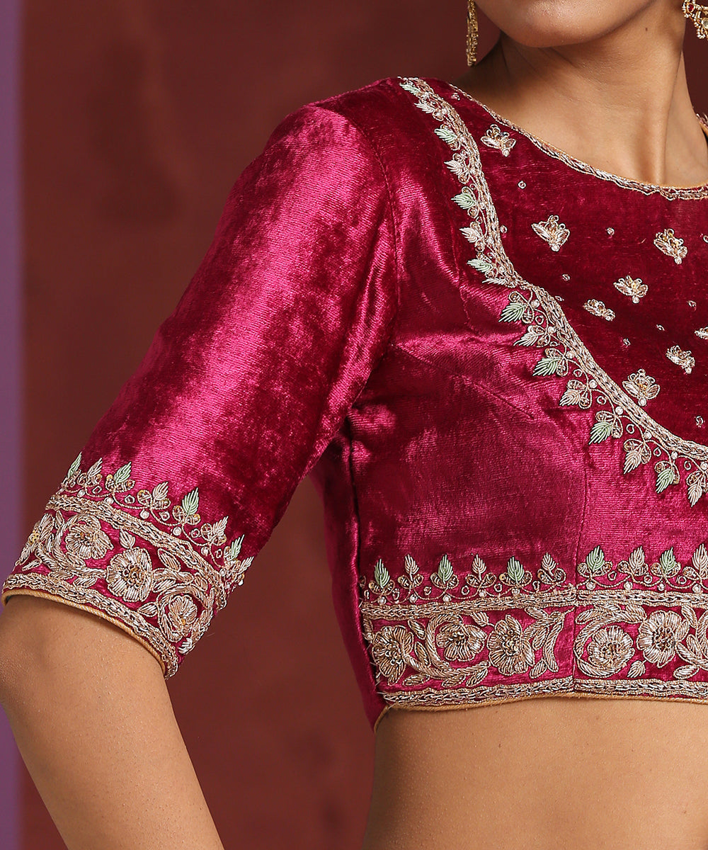 Fuchsia_Pure_Velvet_Hand_Embroidered_Zardozi_Blouse_WeaverStory_04