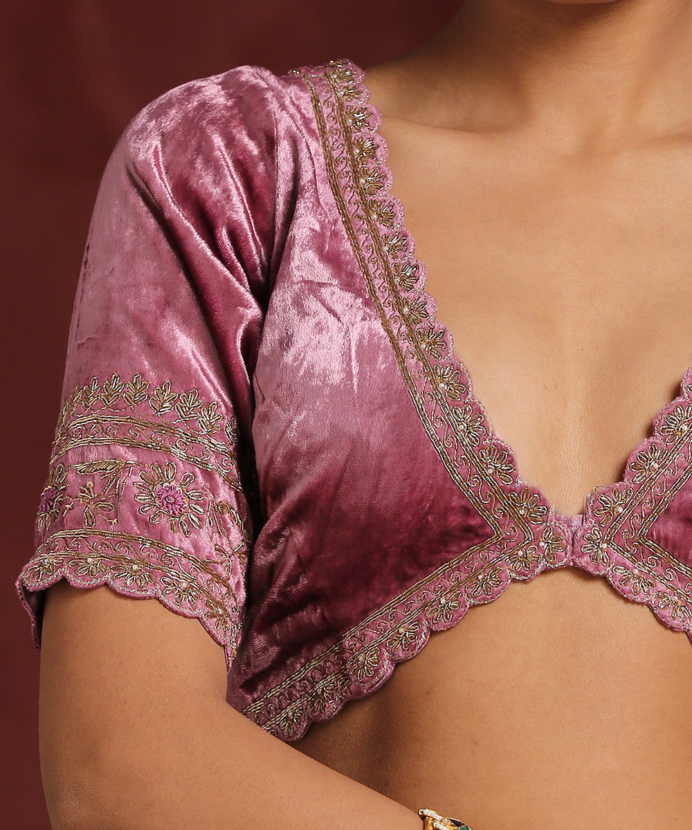Hand_Embroidered_Scalloped_Onion_Pink_Velvet_Blouse_WeaverStory_04
