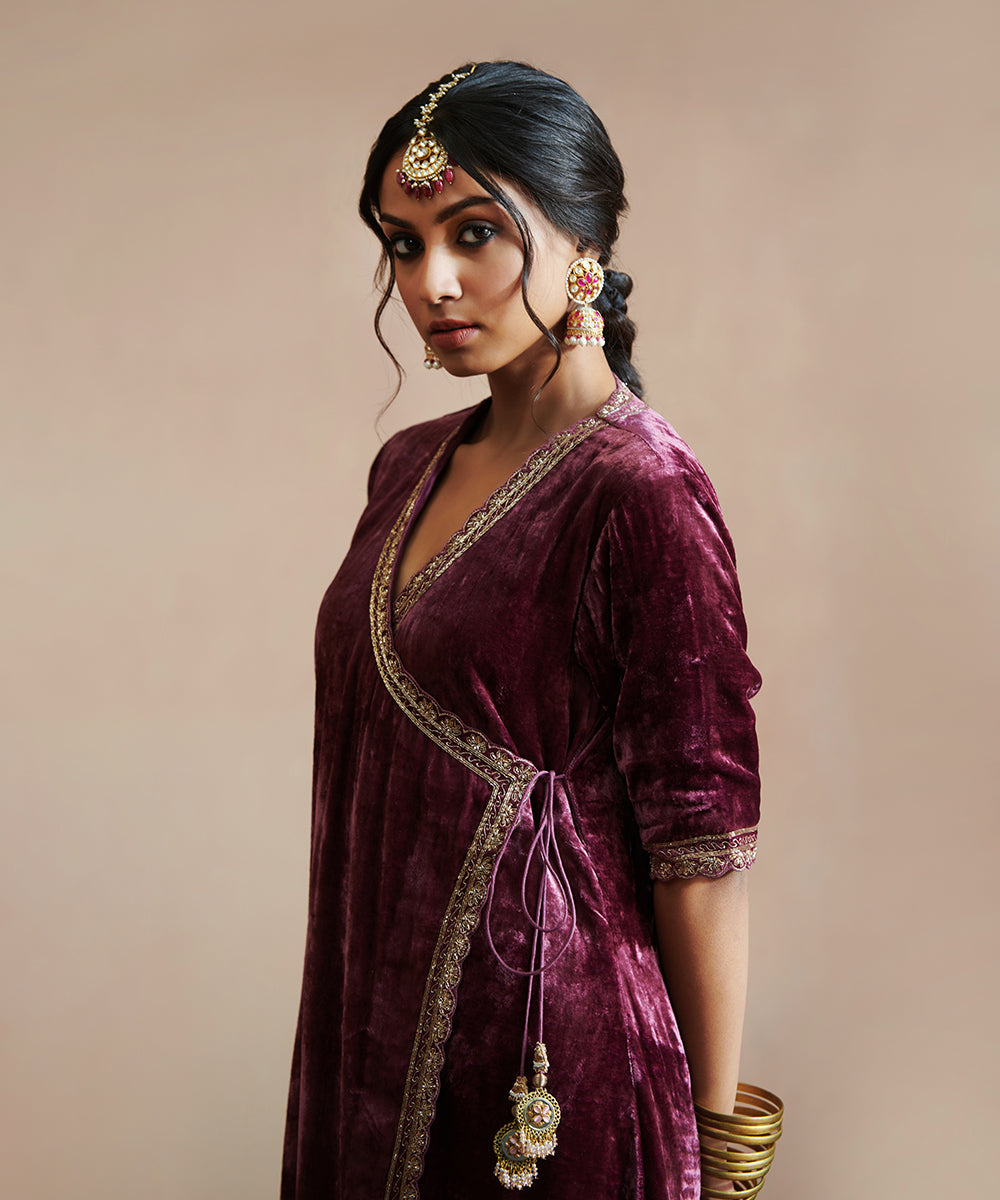 Grape_Hand_Embroidered_Velvet_Angrakha_With_Beige_Velvet_Farshi_WeaverStory_01