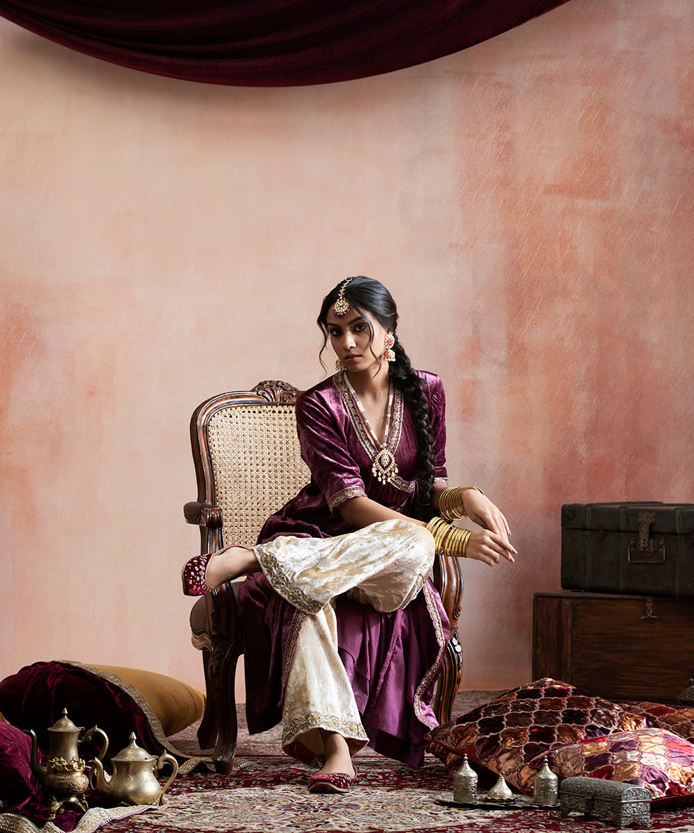 Grape_Hand_Embroidered_Velvet_Angrakha_With_Beige_Velvet_Farshi_WeaverStory_02