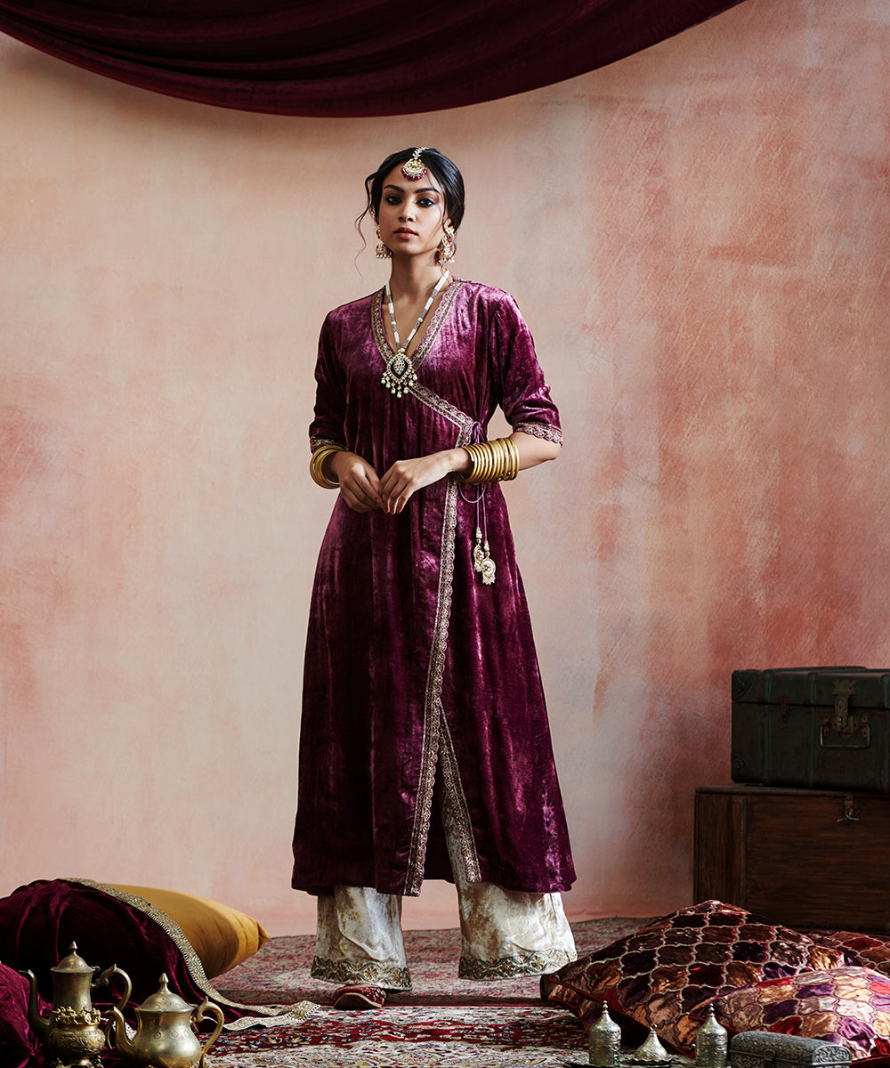 Grape Hand Embroidered Velvet Angrakha With Beige Velvet Farshi