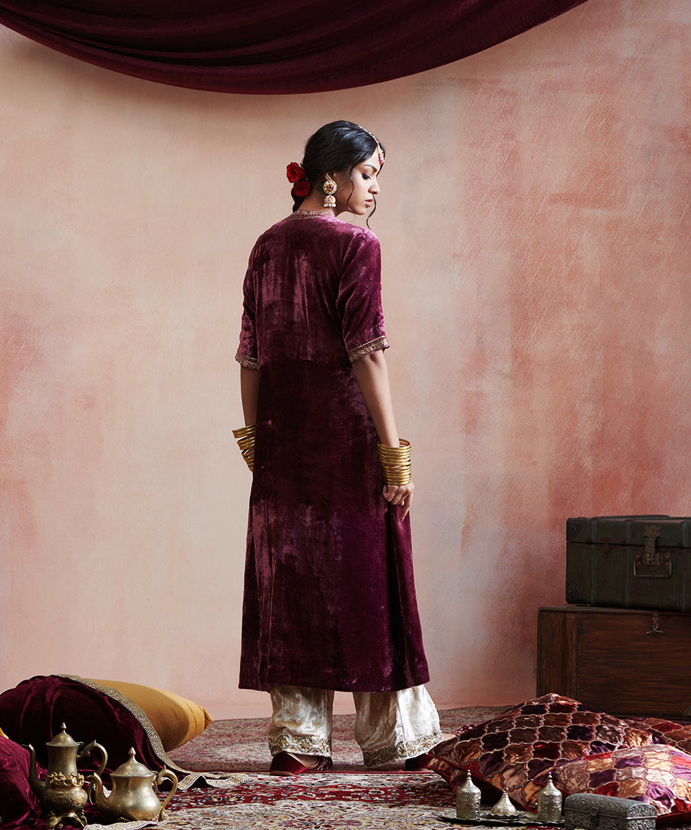 Grape_Hand_Embroidered_Velvet_Angrakha_With_Beige_Velvet_Farshi_WeaverStory_07