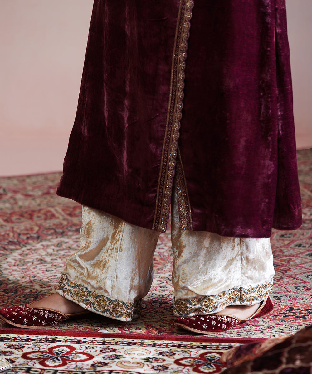 Grape Hand Embroidered Velvet Angrakha With Beige Farshi Ready To Wear Silk Ensembles