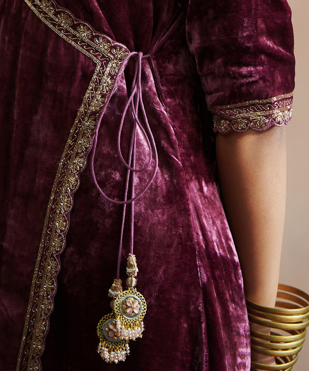 Grape Hand Embroidered Velvet Angrakha With Beige Farshi Ready To Wear Silk Ensembles