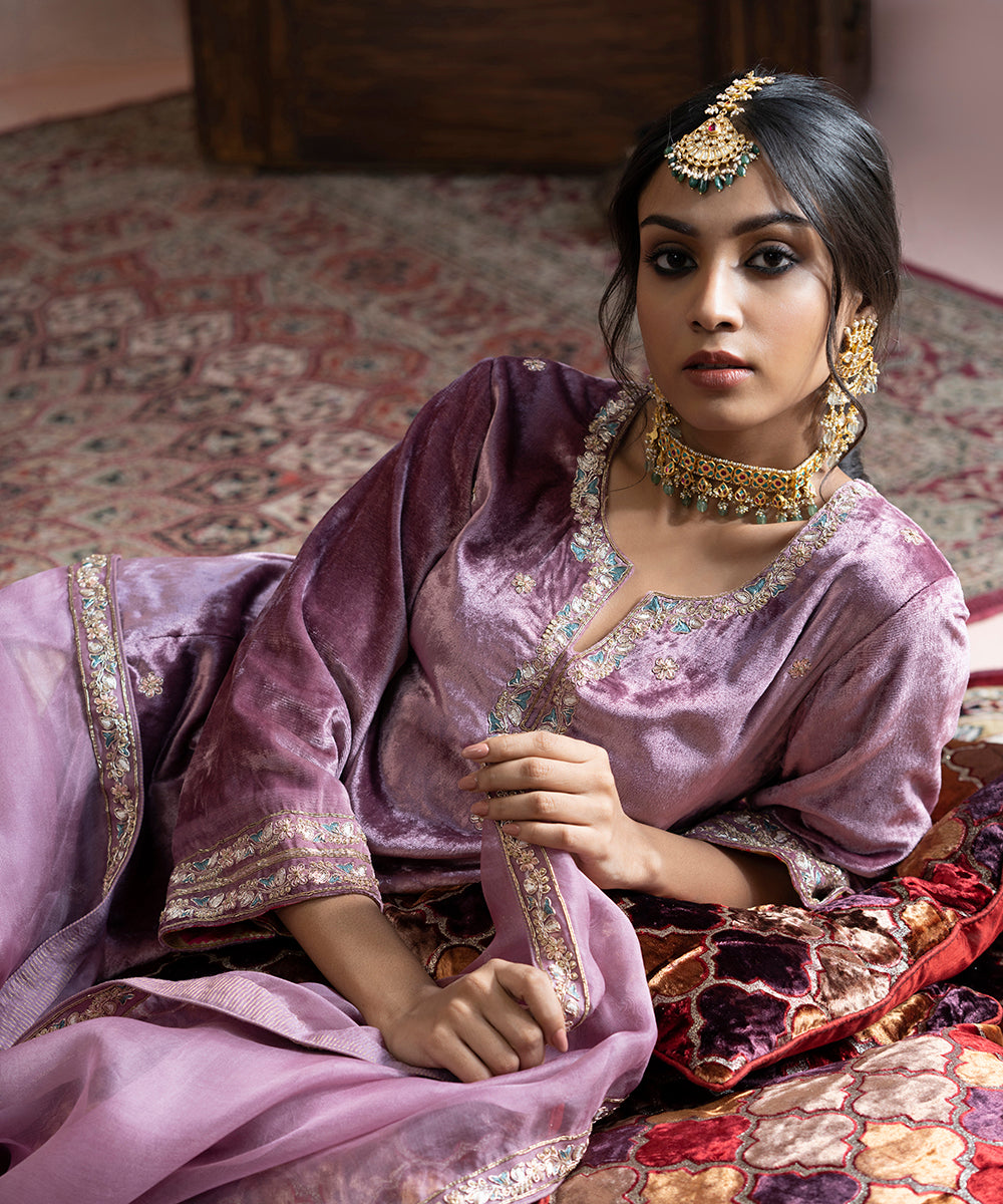 Hand_Embroidered_Plum_Kurta_With_Beige_Farshi_And_Organza_Dupatta_WeaverStory_01