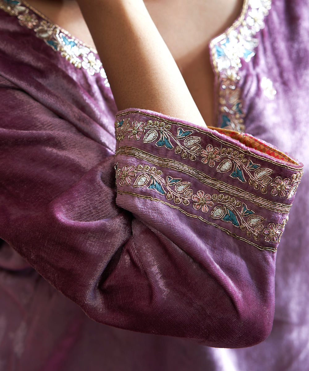 Ahaana Krishna In Hand Embroidered Plum Velvet Kurta Set Ready To Wear Silk Ensembles