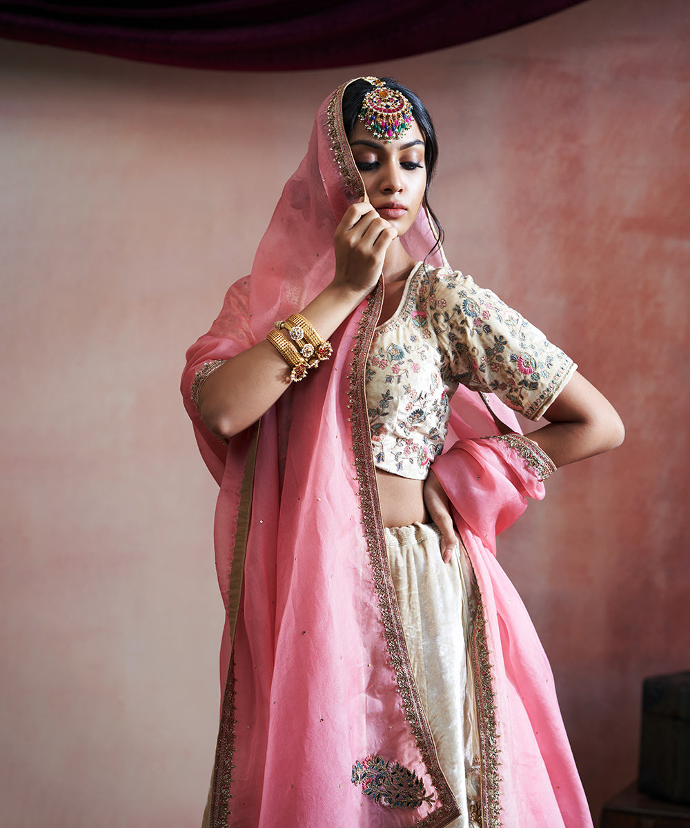 Hand_Embroidered_Beige_Velvet_Skirt_With_Blouse_And_Pink_Organza_Duptta_WeaverStory_01