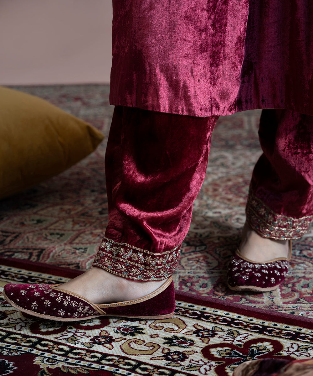 Maroon Hand Embroidered Velvet Kurta With Salwar And Pure Silk Dupatta Ready To Wear Ensembles