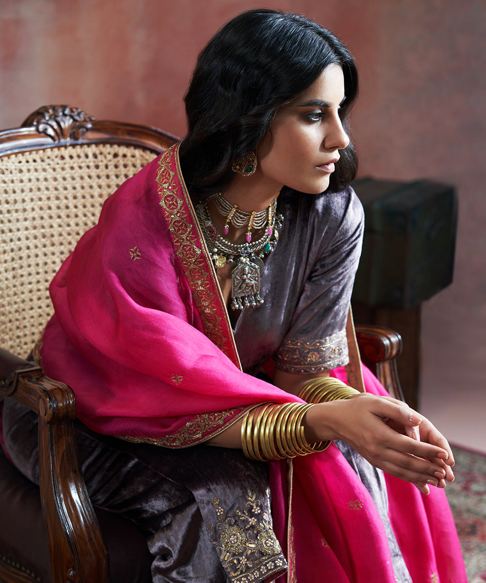 Dark_Grey_Hand_Embroidered_Velvet_Kurta_With_Velvet_Farshi_And_Pink_Organza_Dupatta_WeaverStory_01