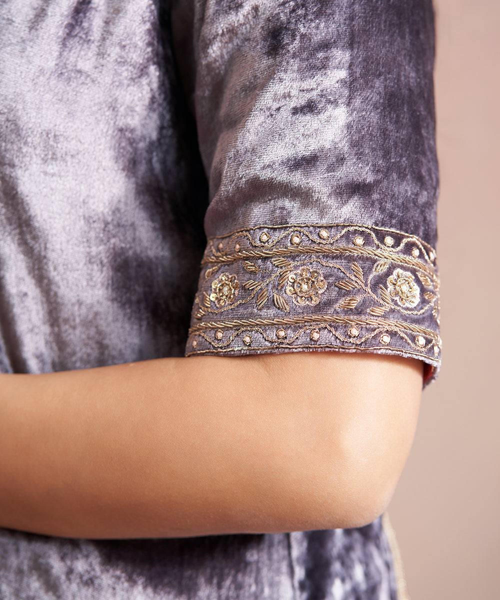 Dark Grey Hand Embroidered Velvet Kurta With Farshi And Organza Dupatta Ready To Wear Silk Ensembles