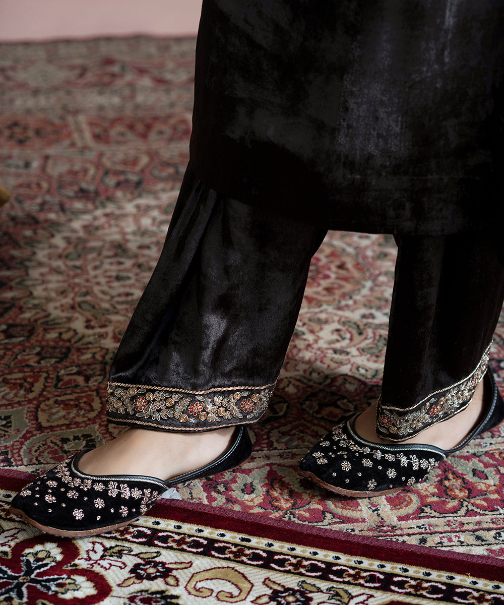 Hand Embroidered Black Gathered Velvet Kurta With Salwar And Doshala Ready To Wear Silk Ensembles