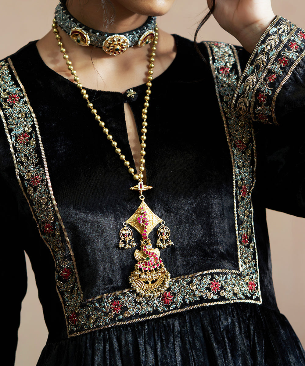 Hand Embroidered Black Gathered Velvet Kurta With Salwar And Doshala Ready To Wear Silk Ensembles