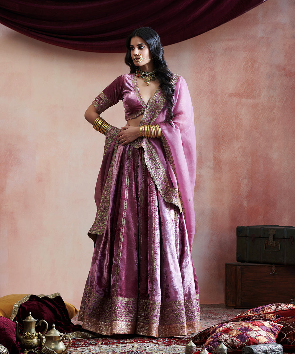 Hand_Embroidered_Grape_Velvet_Skirt_With_Blouse_And_Organza_Duptta_WeaverStory_02