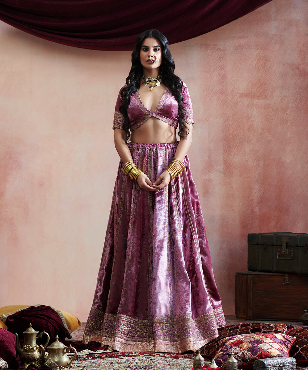 Hand_Embroidered_Grape_Velvet_Skirt_With_Blouse_And_Organza_Duptta_WeaverStory_05