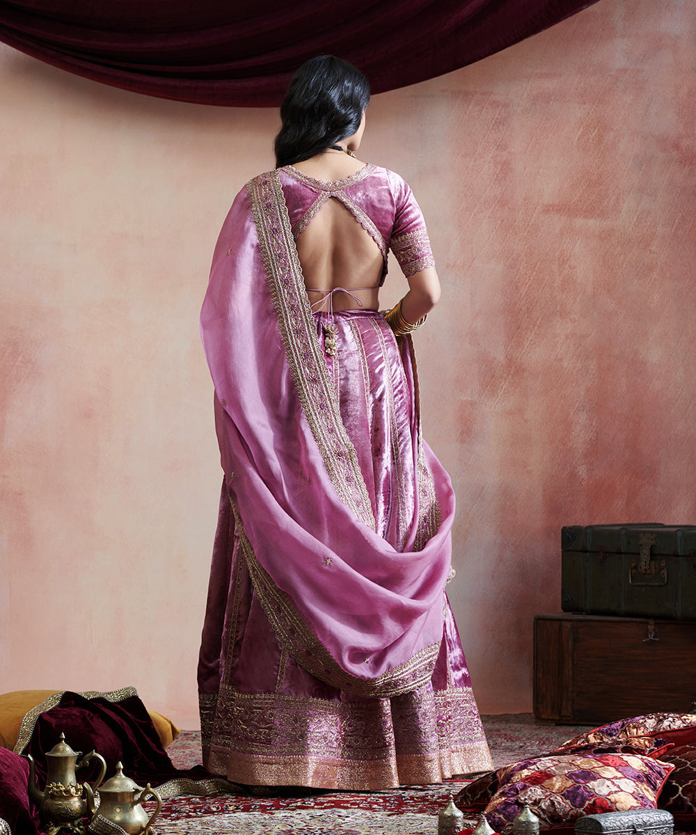 Hand_Embroidered_Grape_Velvet_Skirt_With_Blouse_And_Organza_Duptta_WeaverStory_07