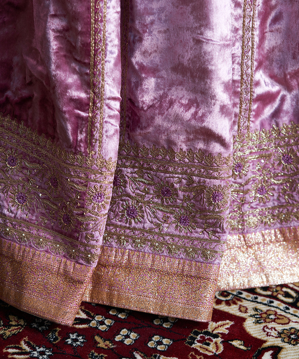 Hand Embroidered Grape Velvet Lehenga With Blouse And Organza Dupatta Stitched