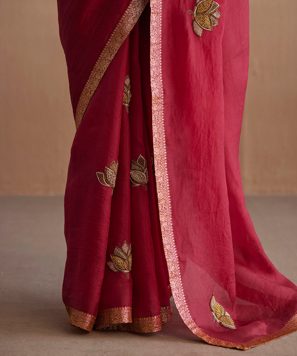 Viva_Magenta_Handloom_Organza_Saree_With_Embroidered_Lotus_Motifs_WeaverStory_04