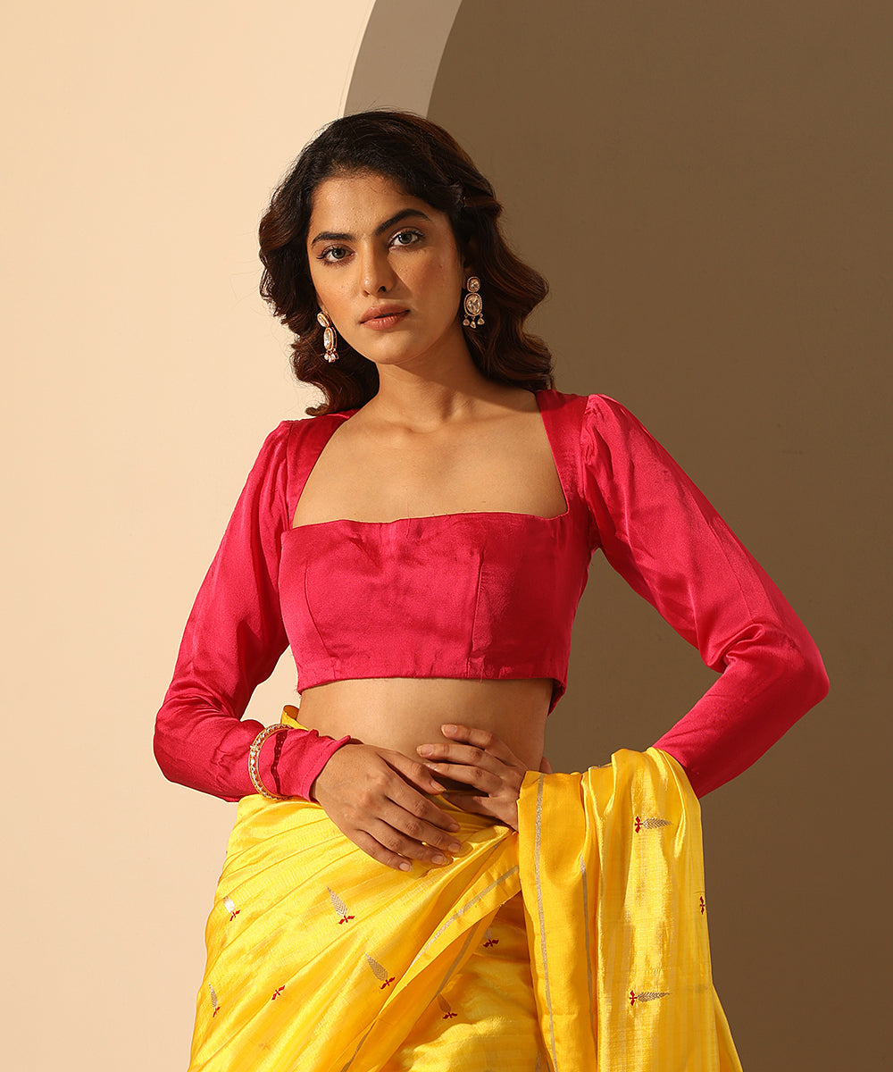 Viva_Magenta_Satin_Silk_Blouse_With_Deep_Square_Neck_WeaverStory_02