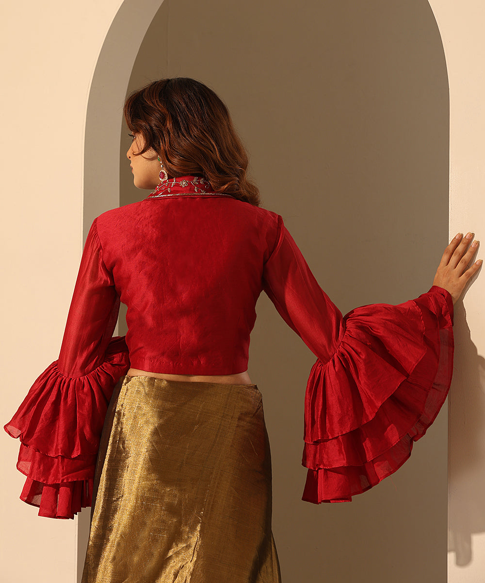 Viva_Magenta_Chanderi_Blouse_With_Ruffle_Sleeves_WeaverStory_03