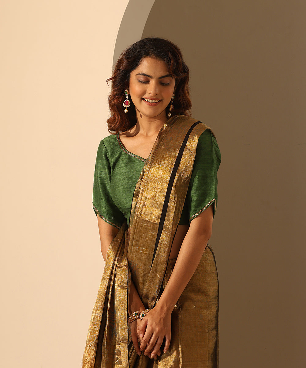 Bottle_Green_Hand_Embroidered_Raw_Silk_Blouse_With_Cutout_Sleeves_WeaverStory_01