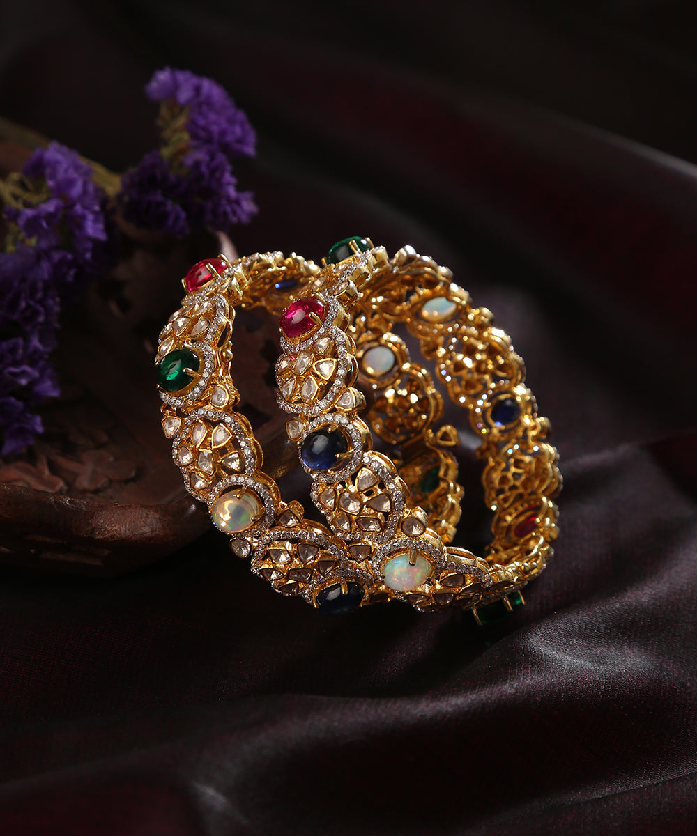 Gohar_Handcrafted_Pure_Silver_Bangle_With_Moissanite_Polki_And_Semi_Precious_Stones_WeaverStory_01