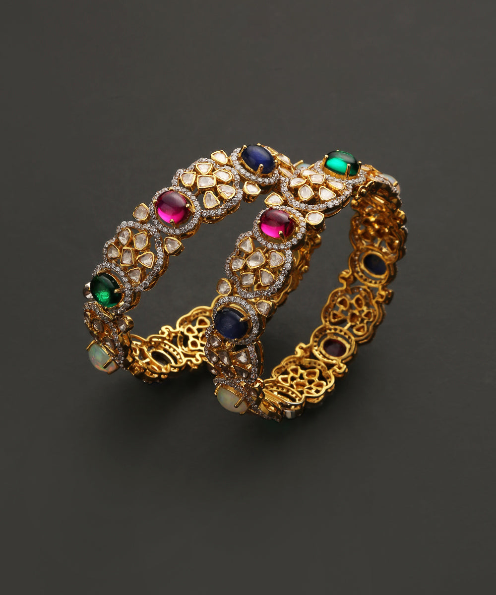 Gohar_Handcrafted_Pure_Silver_Bangle_With_Moissanite_Polki_And_Semi_Precious_Stones_WeaverStory_03