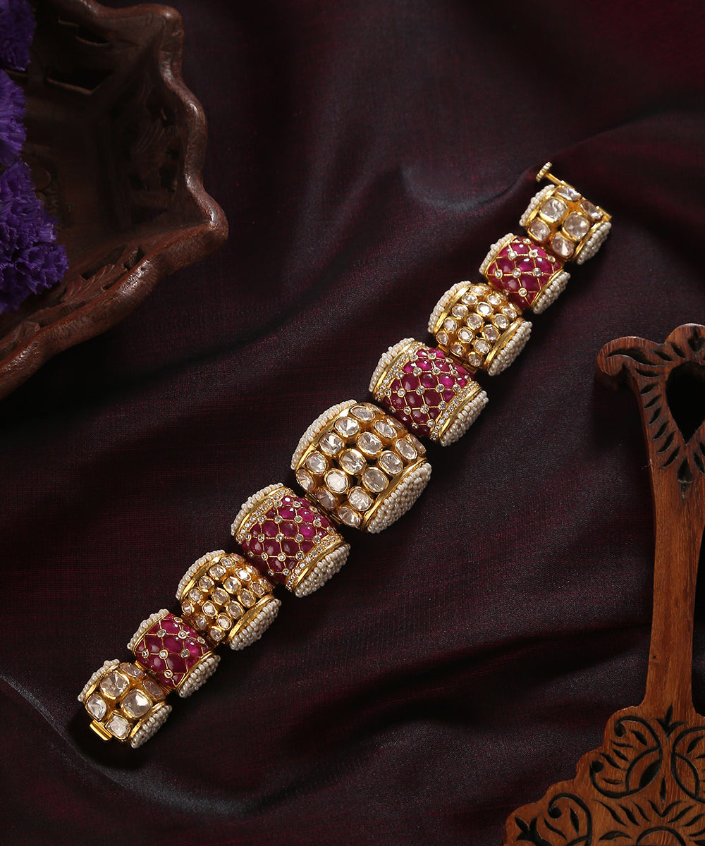 Dua_Handcrafted_Pure_Silver_Bracelet_With_Moissanite_Polki,_Swarovski_And_Pearls_WeaverStory_01