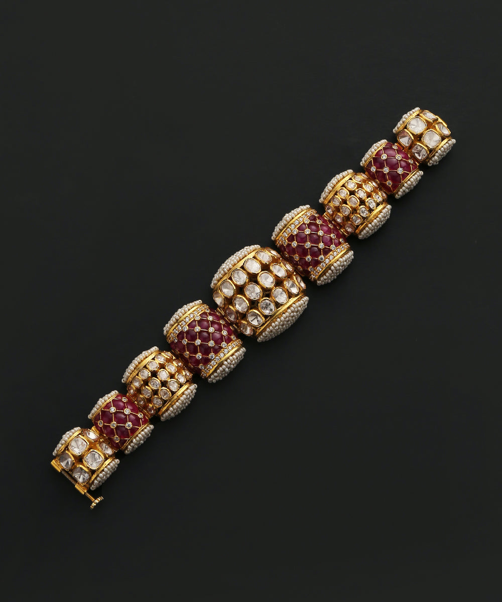 Dua_Handcrafted_Pure_Silver_Bracelet_With_Moissanite_Polki,_Swarovski_And_Pearls_WeaverStory_02