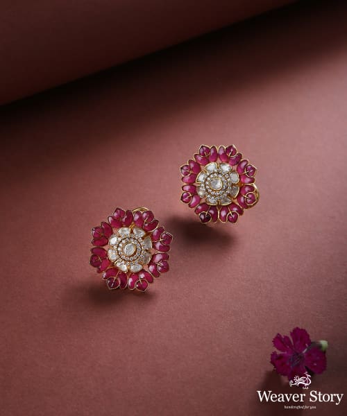 Gulbaag_Pink_Handcrafted_Moissanite_Polki_Pure_Silver_Stud_Earring_WeaverStory_01