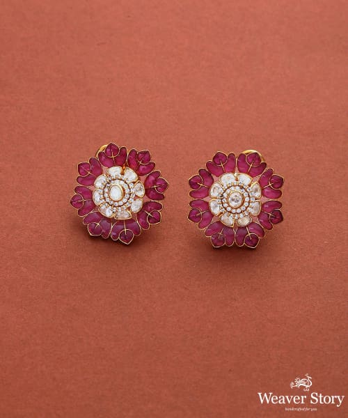 Gulbaag_Pink_Handcrafted_Moissanite_Polki_Pure_Silver_Stud_Earring_WeaverStory_02