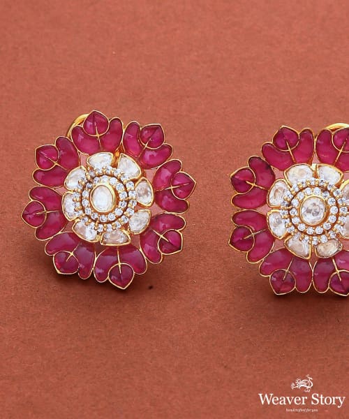 Gulbaag_Pink_Handcrafted_Moissanite_Polki_Pure_Silver_Stud_Earring_WeaverStory_03