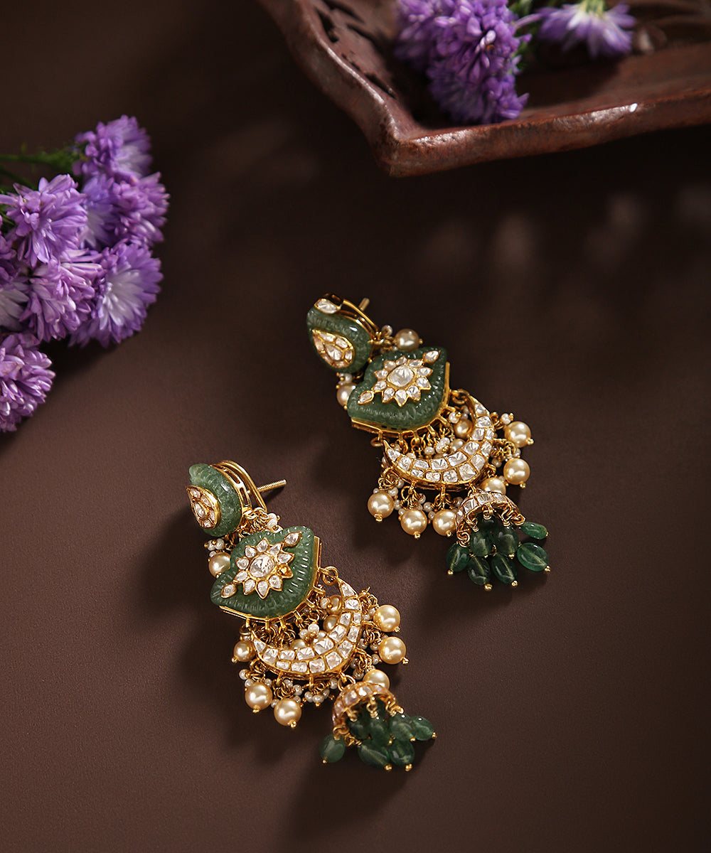 Basma_Moissanite_Polki_Earrings_Handcrafted_In_Pure_Silver_With_Emeralds_And_Pearls_WeaverStory_01