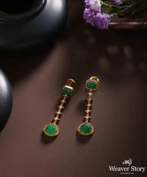 Humaida_Pure_Silver_Earrings_Handcrafted_With_Moissanite_Polki_And_Emeralds_WeaverStory_01