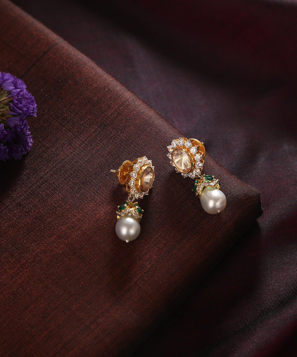 Hifza_Handcrafted_Pure_Silver_Earrings_With_Moissanite_Polki,_Pearls_And_Stones_WeaverStory_01