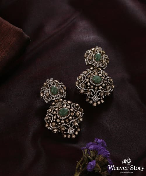 Safiya_Earrings_With_Moissanite_Polki,_Emeralds_And_Stones_Handcrafted_in_Pure_Silver_WeaverStory_01
