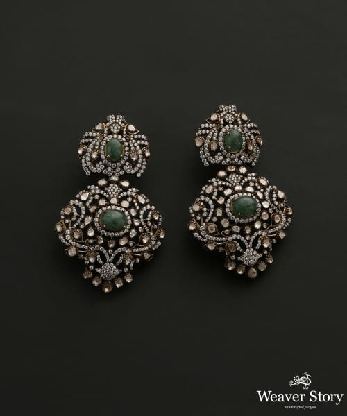 Safiya_Earrings_With_Moissanite_Polki,_Emeralds_And_Stones_Handcrafted_in_Pure_Silver_WeaverStory_02